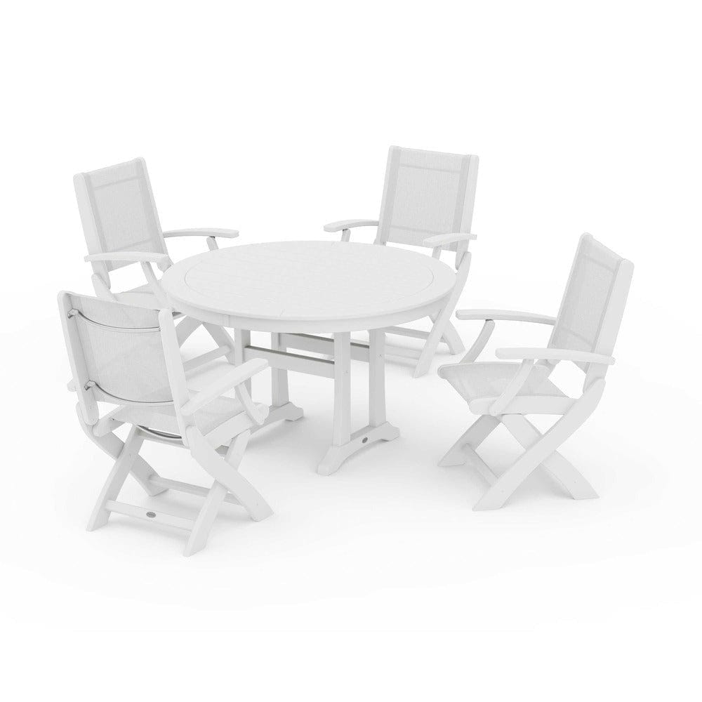 POLYWOOD® Outdoor Furniture White / White Sling POLYWOOD® - Coastal Folding Chair 5-Piece Round Dining Set with Trestle Legs - PWS1120
