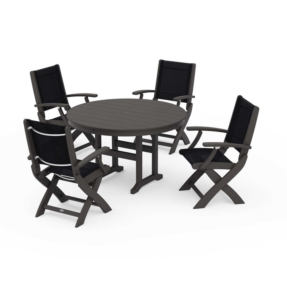 POLYWOOD® Outdoor Furniture Vintage Coffee / Black Sling POLYWOOD® - Coastal Folding Chair 5-Piece Round Dining Set - PWS1357