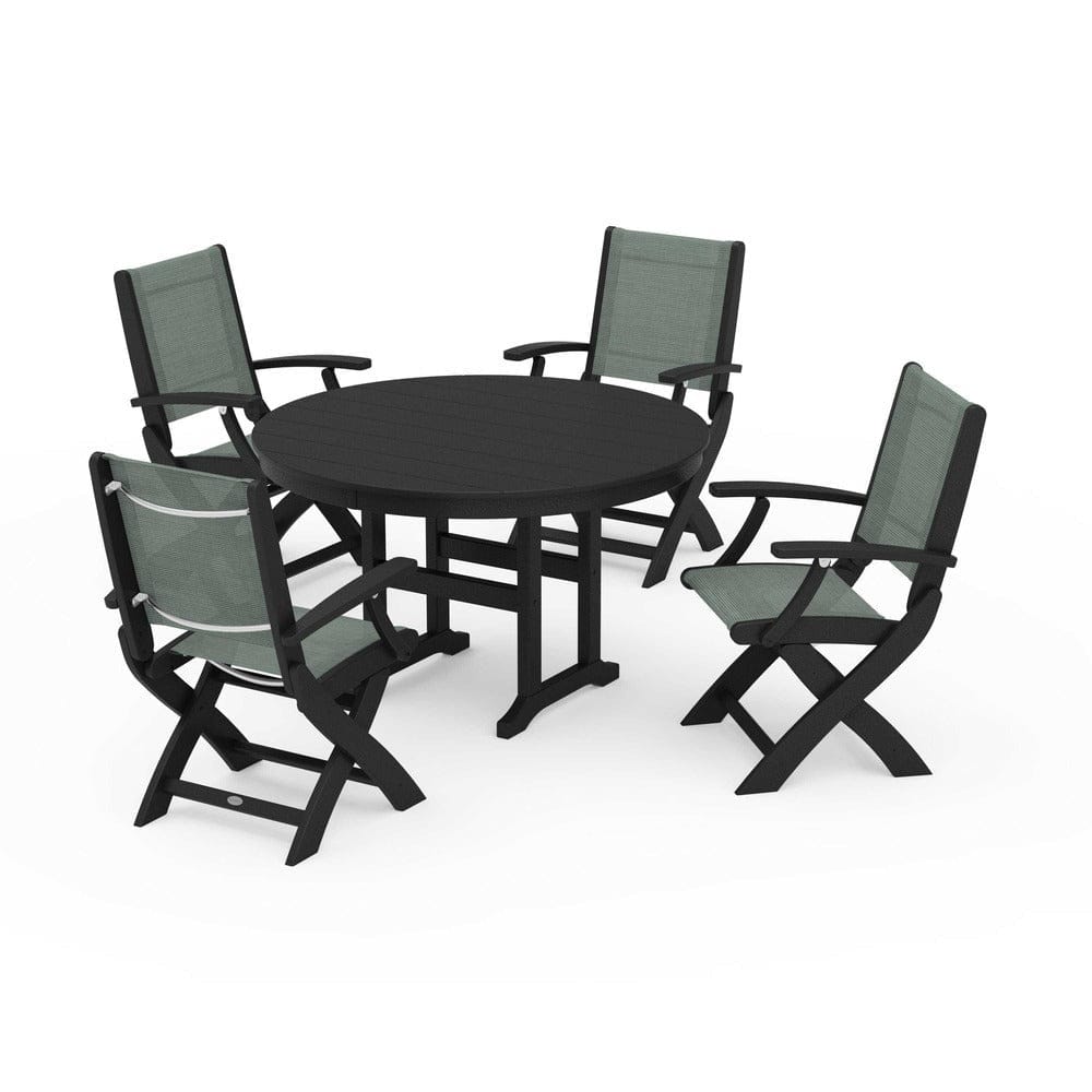POLYWOOD® Outdoor Furniture Black / Dupioni Sea Mist Sling POLYWOOD® - Coastal Folding Chair 5-Piece Round Dining Set - PWS1357