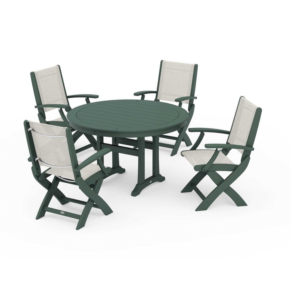 POLYWOOD® Outdoor Furniture Green / Parchment Sling POLYWOOD® - Coastal Folding Chair 5-Piece Round Dining Set with Trestle Legs - PWS1120