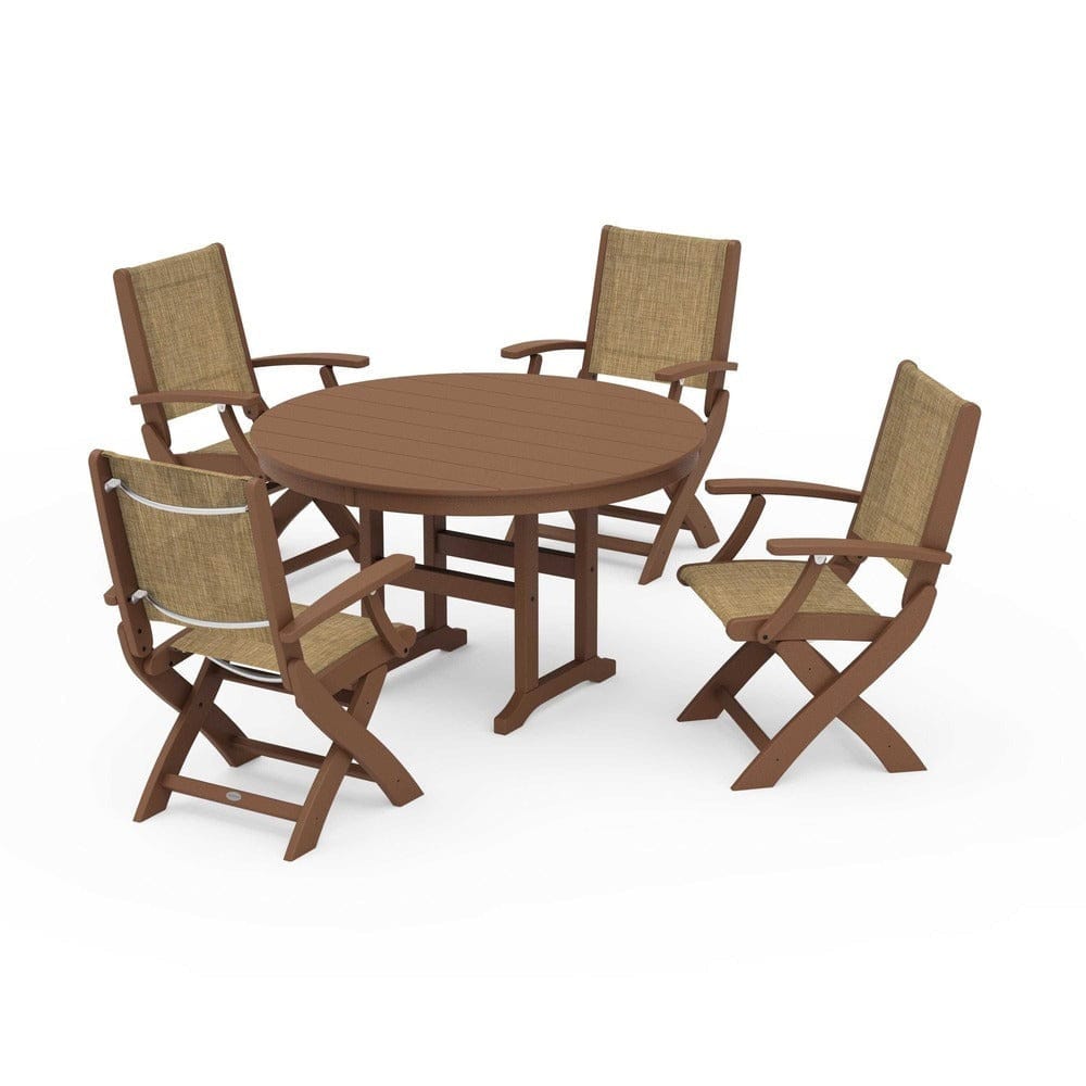 POLYWOOD® Outdoor Furniture Teak / Burlap Sling POLYWOOD® - Coastal Folding Chair 5-Piece Round Dining Set - PWS1357