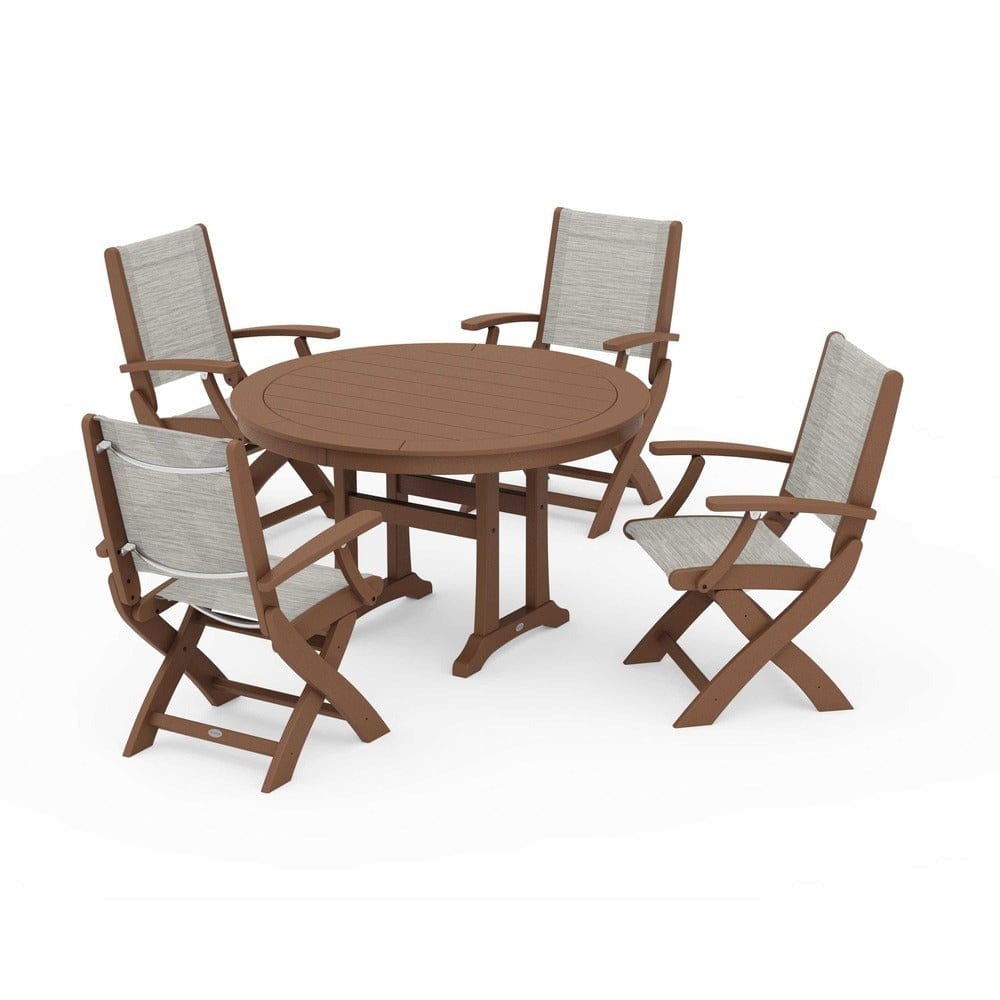 POLYWOOD® Outdoor Furniture Teak / Birch Sling POLYWOOD® - Coastal Folding Chair 5-Piece Round Dining Set with Trestle Legs - PWS1120