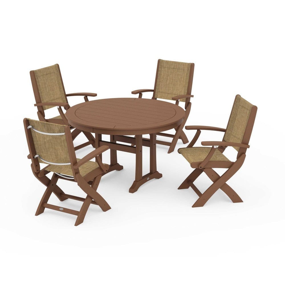 POLYWOOD® Outdoor Furniture Teak / Burlap Sling POLYWOOD® - Coastal Folding Chair 5-Piece Round Dining Set with Trestle Legs - PWS1120
