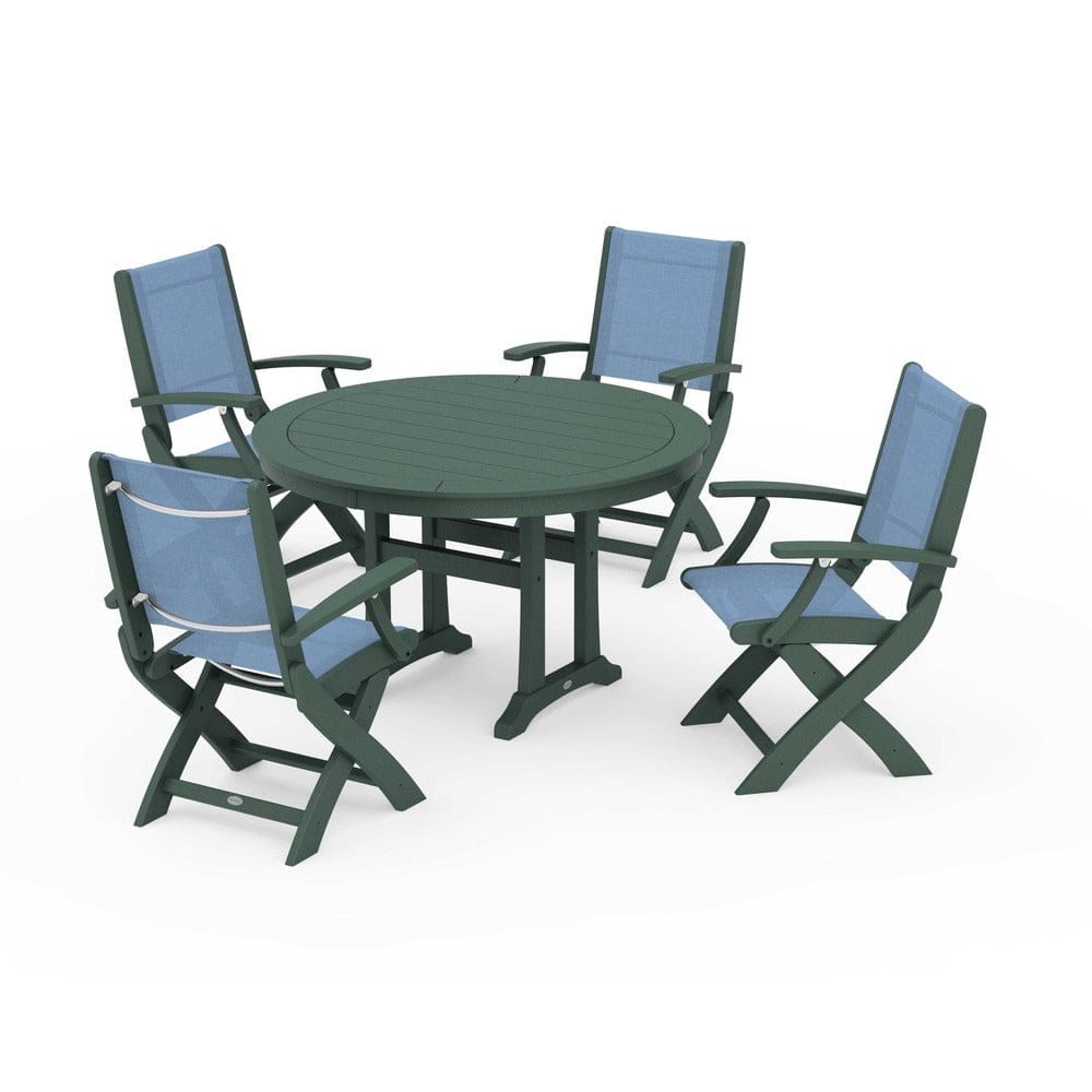 POLYWOOD® Outdoor Furniture Green / Poolside Sling POLYWOOD® - Coastal Folding Chair 5-Piece Round Dining Set with Trestle Legs - PWS1120