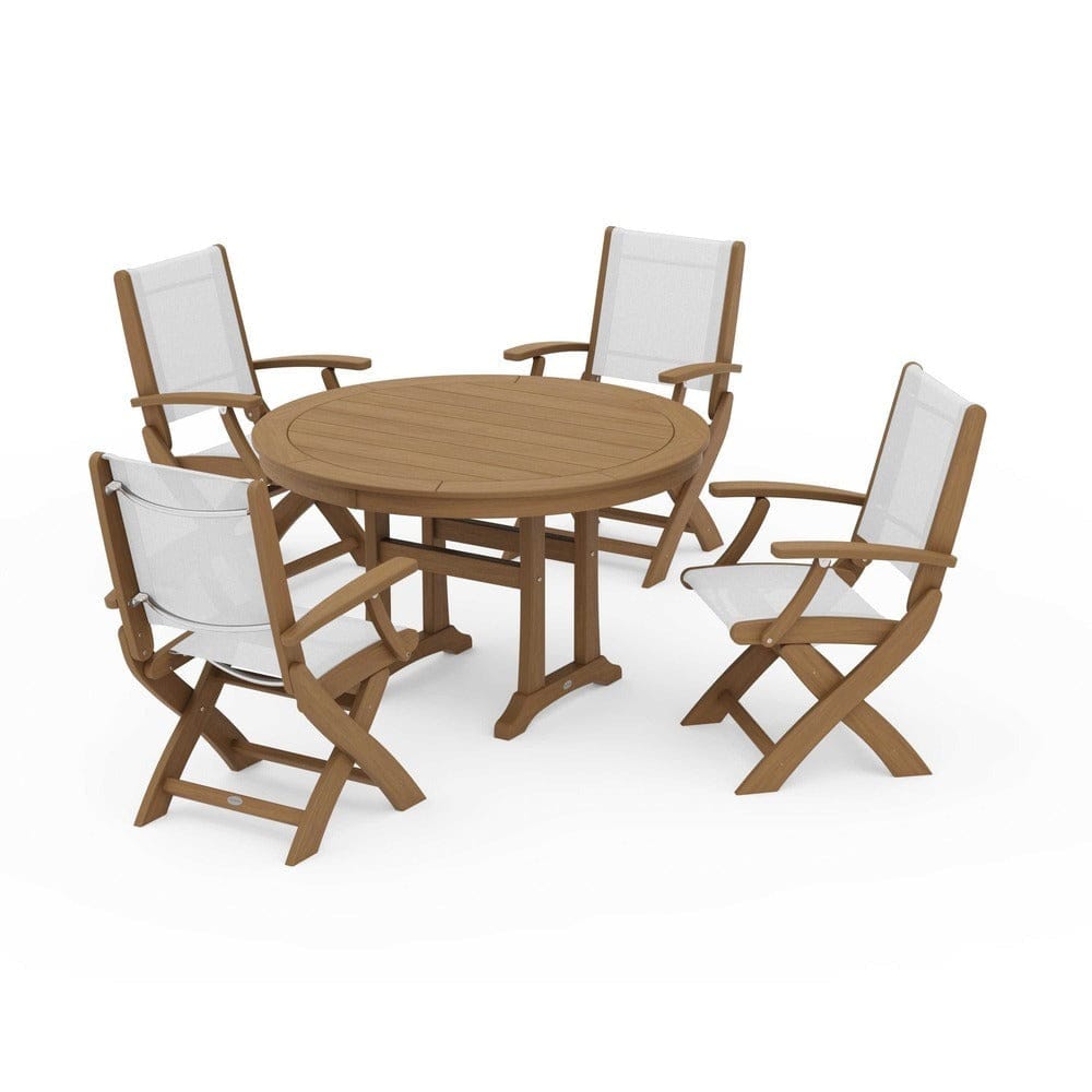 POLYWOOD® Outdoor Furniture POLYWOOD® - Coastal Folding Chair 5-Piece Round Dining Set with Trestle Legs - PWS1120