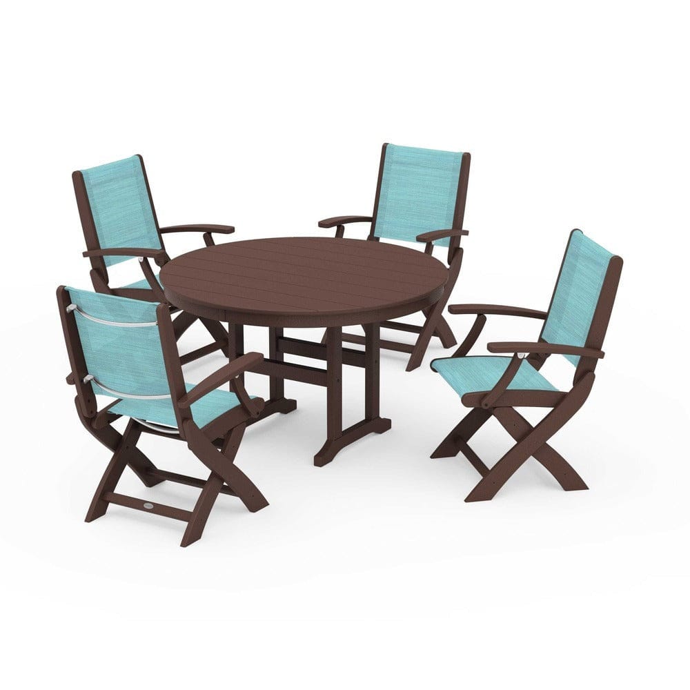 POLYWOOD® Outdoor Furniture Mahogany / Dupioni Aquamarine Sling POLYWOOD® - Coastal Folding Chair 5-Piece Round Dining Set - PWS1357