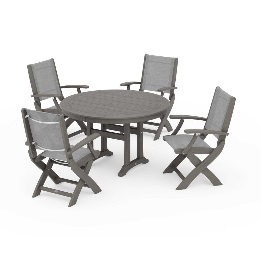 POLYWOOD® Outdoor Furniture POLYWOOD® - Coastal Folding Chair 5-Piece Round Dining Set with Trestle Legs - PWS1120