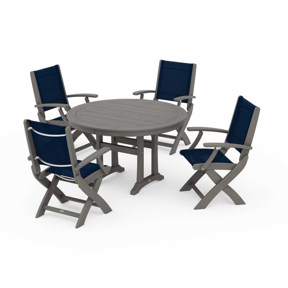 POLYWOOD® Outdoor Furniture POLYWOOD® - Coastal Folding Chair 5-Piece Round Dining Set with Trestle Legs - PWS1120