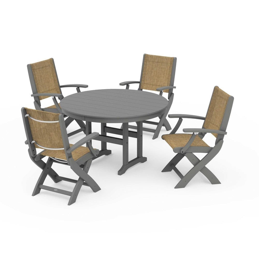 POLYWOOD® Outdoor Furniture Slate Grey / Burlap Sling POLYWOOD® - Coastal Folding Chair 5-Piece Round Dining Set - PWS1357