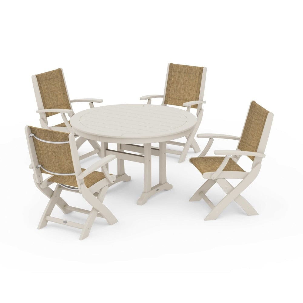 POLYWOOD® Outdoor Furniture Sand / Burlap Sling POLYWOOD® - Coastal Folding Chair 5-Piece Round Dining Set with Trestle Legs - PWS1120