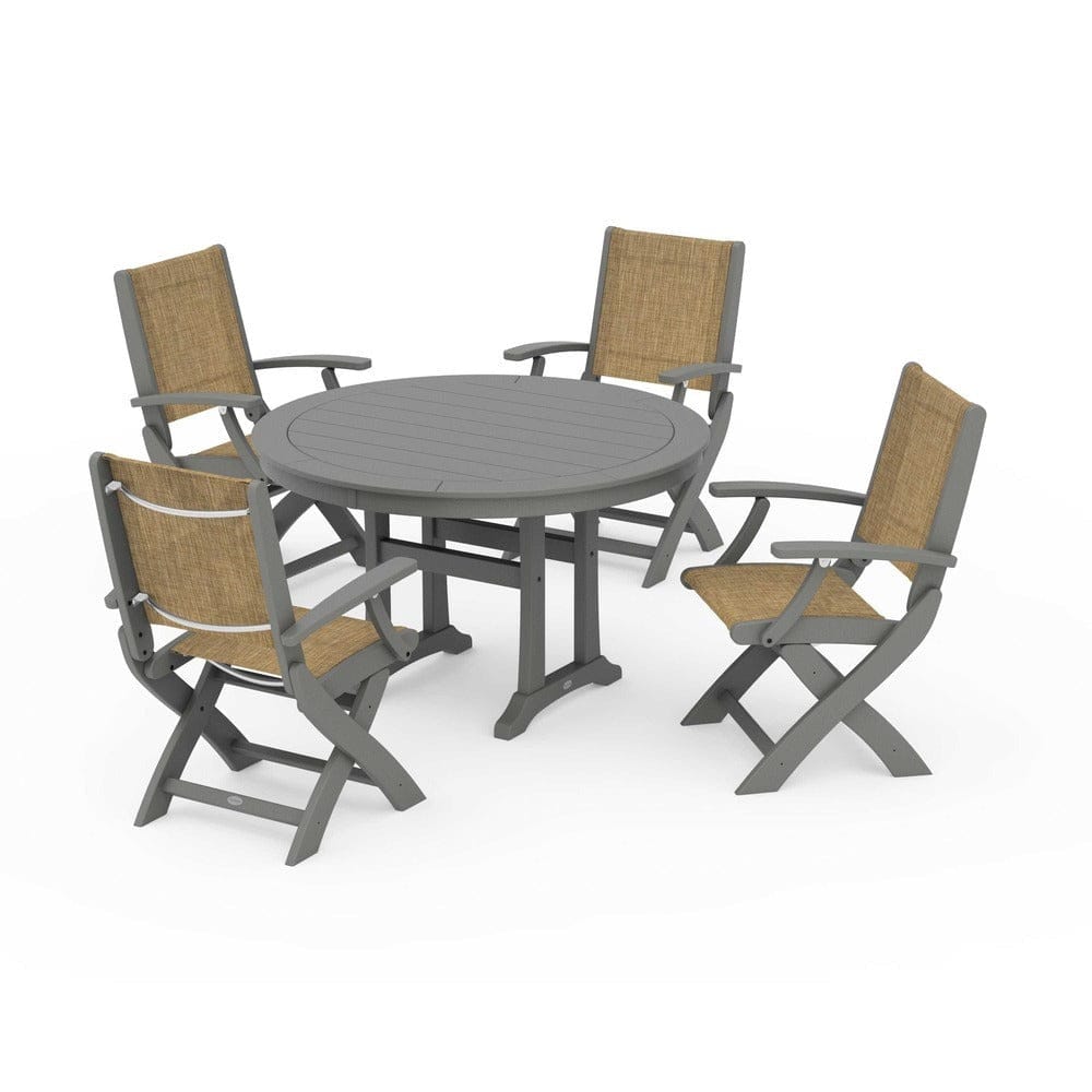 POLYWOOD® Outdoor Furniture Slate Grey / Burlap Sling POLYWOOD® - Coastal Folding Chair 5-Piece Round Dining Set with Trestle Legs - PWS1120