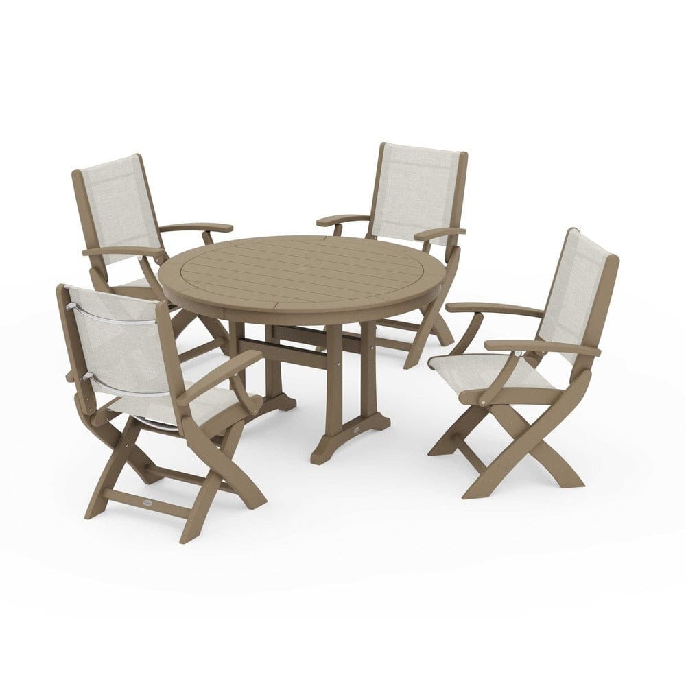 POLYWOOD® Outdoor Furniture Vintage Sahara / Parchment Sling POLYWOOD® - Coastal Folding Chair 5-Piece Round Dining Set with Trestle Legs - PWS1120