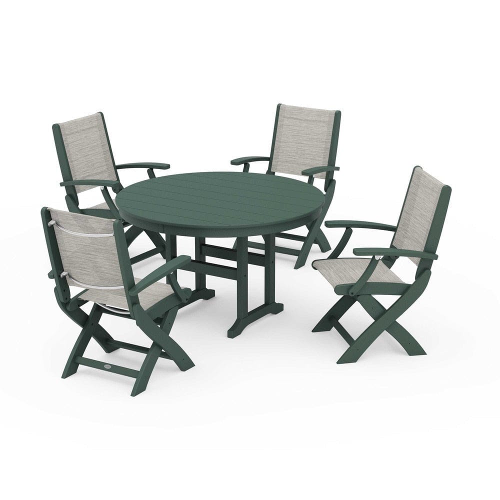 POLYWOOD® Outdoor Furniture Green / Birch Sling POLYWOOD® - Coastal Folding Chair 5-Piece Round Dining Set - PWS1357