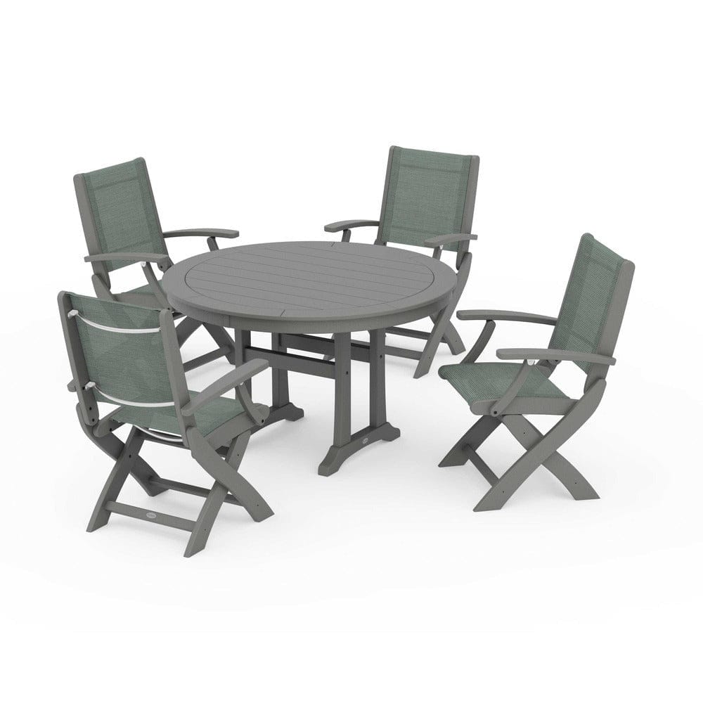 POLYWOOD® Outdoor Furniture Slate Grey / Dupioni Sea Mist Sling POLYWOOD® - Coastal Folding Chair 5-Piece Round Dining Set with Trestle Legs - PWS1120