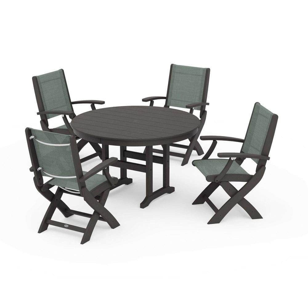 POLYWOOD® Outdoor Furniture Vintage Coffee / Dupioni Sea Mist Sling POLYWOOD® - Coastal Folding Chair 5-Piece Round Dining Set - PWS1357