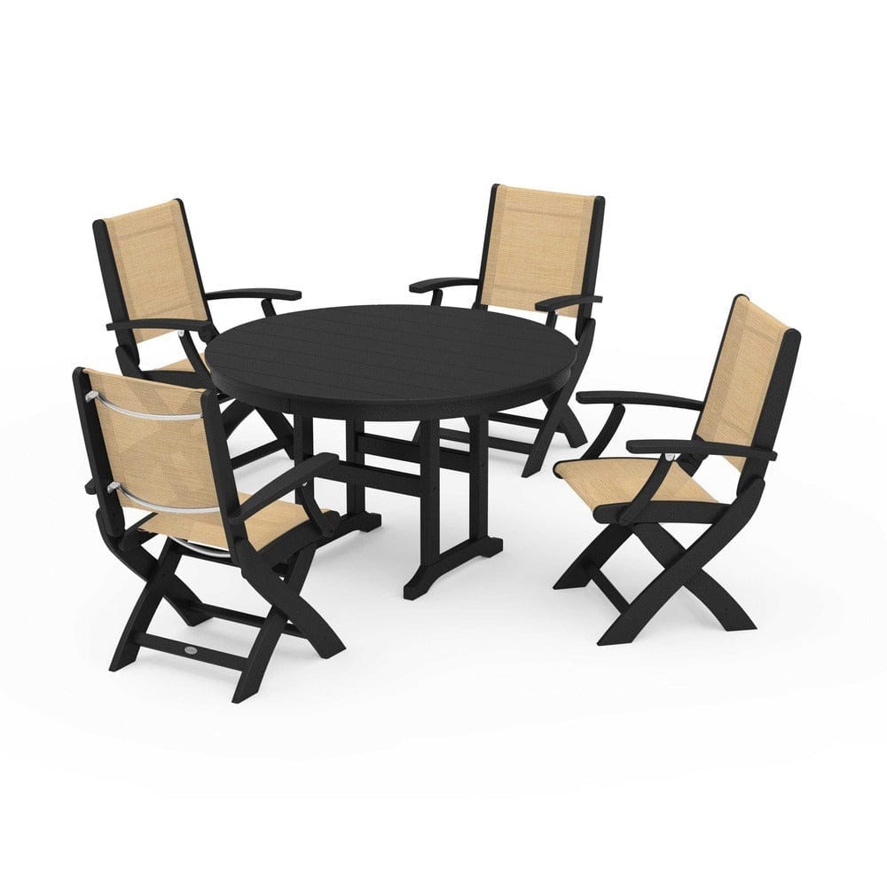 POLYWOOD® Outdoor Furniture Black / Dupioni Apricot Sling POLYWOOD® - Coastal Folding Chair 5-Piece Round Dining Set - PWS1357