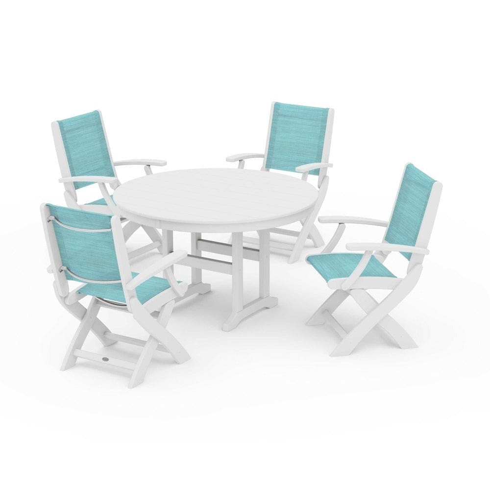 POLYWOOD® Outdoor Furniture White / Dupioni Aquamarine Sling POLYWOOD® - Coastal Folding Chair 5-Piece Round Dining Set - PWS1357