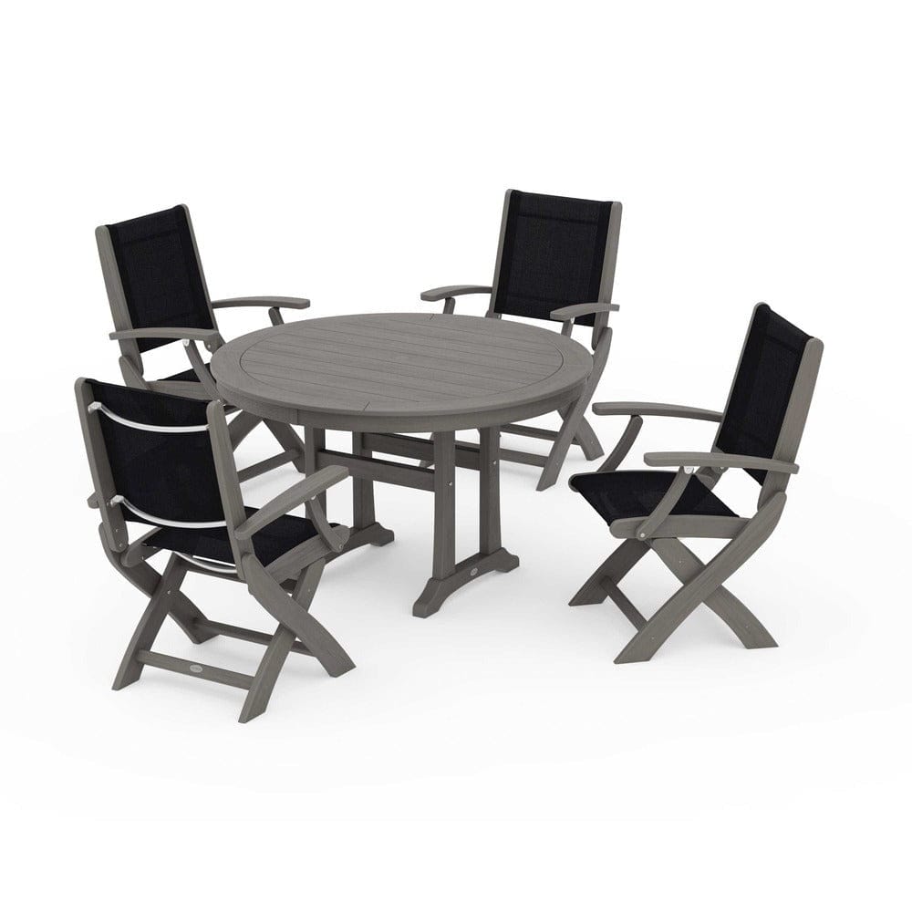 POLYWOOD® - Coastal Folding Chair 5-Piece Round Dining Set with Trestle Legs - PWS1120 Outdoor Furniture POLYWOOD®