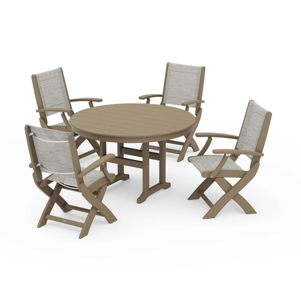 POLYWOOD® Outdoor Furniture Vintage Sahara / Birch Sling POLYWOOD® - Coastal Folding Chair 5-Piece Round Dining Set - PWS1357
