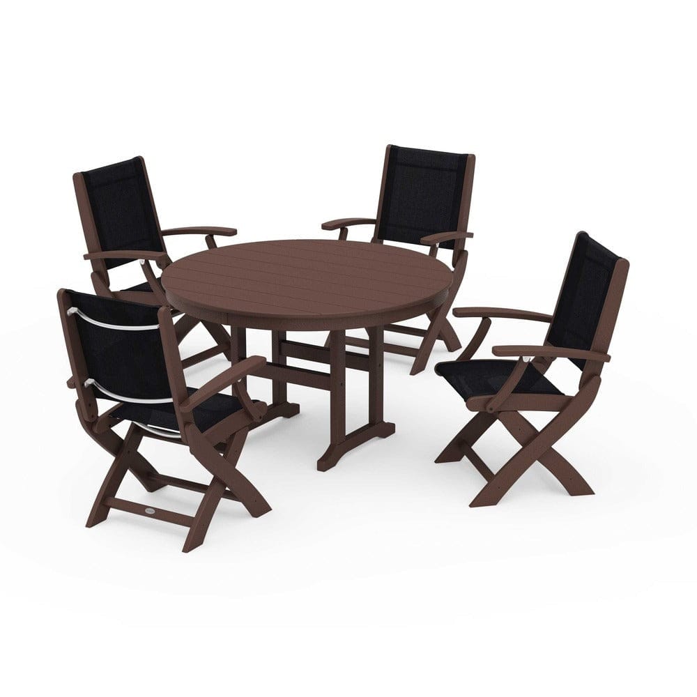 POLYWOOD® Outdoor Furniture Mahogany / Black Sling POLYWOOD® - Coastal Folding Chair 5-Piece Round Dining Set - PWS1357