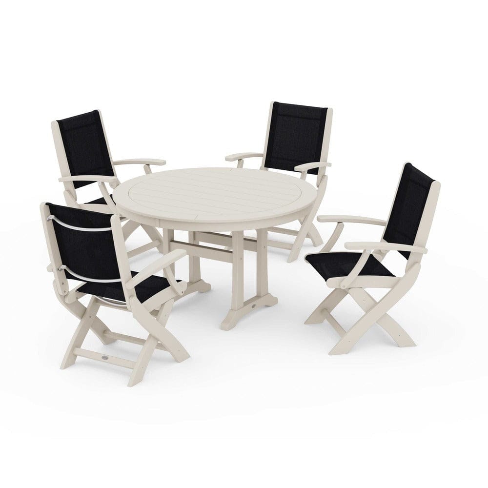 POLYWOOD® Outdoor Furniture Sand / Black Sling POLYWOOD® - Coastal Folding Chair 5-Piece Round Dining Set with Trestle Legs - PWS1120