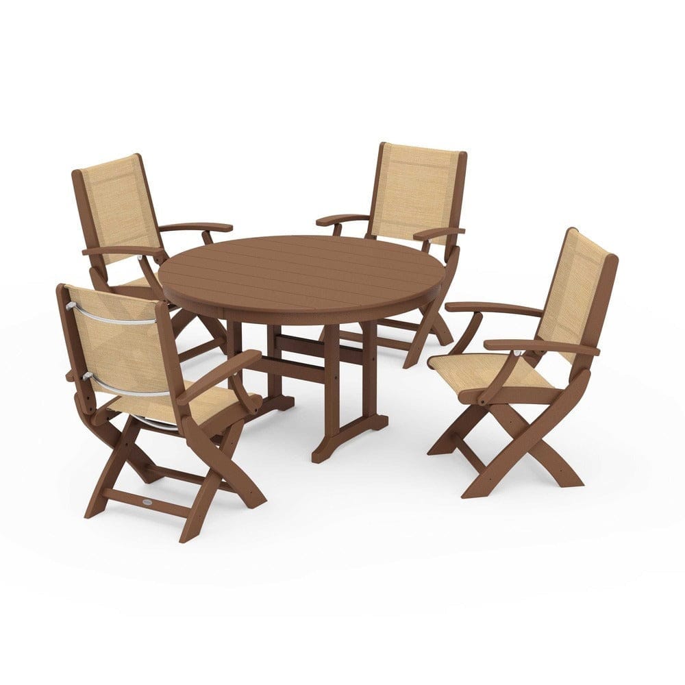 POLYWOOD® Outdoor Furniture Teak / Dupioni Apricot Sling POLYWOOD® - Coastal Folding Chair 5-Piece Round Dining Set - PWS1357