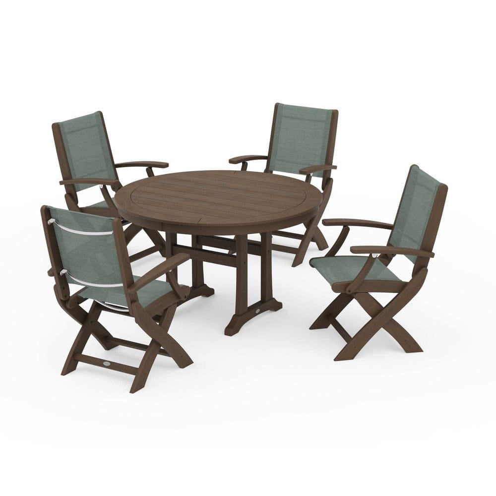 POLYWOOD® Outdoor Furniture POLYWOOD® - Coastal Folding Chair 5-Piece Round Dining Set with Trestle Legs - PWS1120