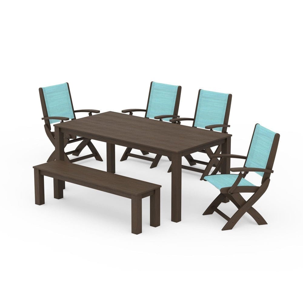 POLYWOOD® Outdoor Furniture POLYWOOD® - Coastal Folding Chair 6-Piece Parsons Dining Set with Bench - PWS2272