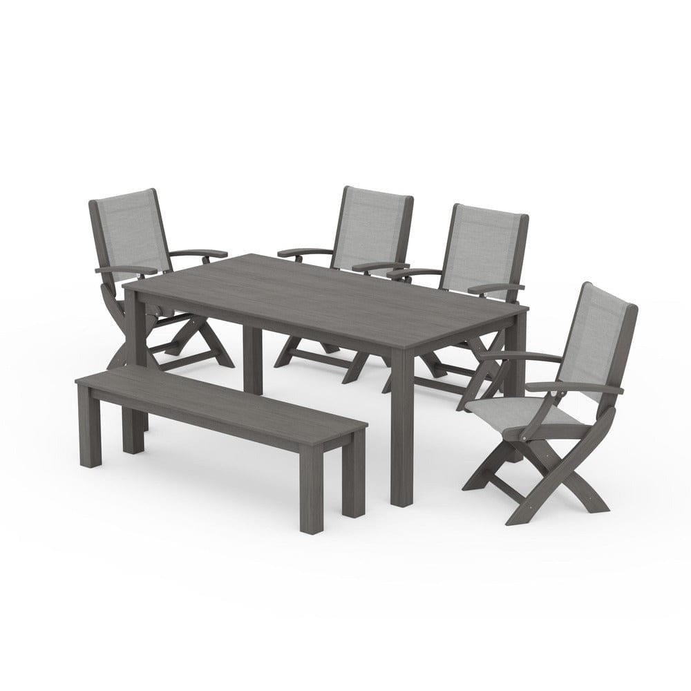 POLYWOOD® Outdoor Furniture POLYWOOD® - Coastal Folding Chair 6-Piece Parsons Dining Set with Bench - PWS2272
