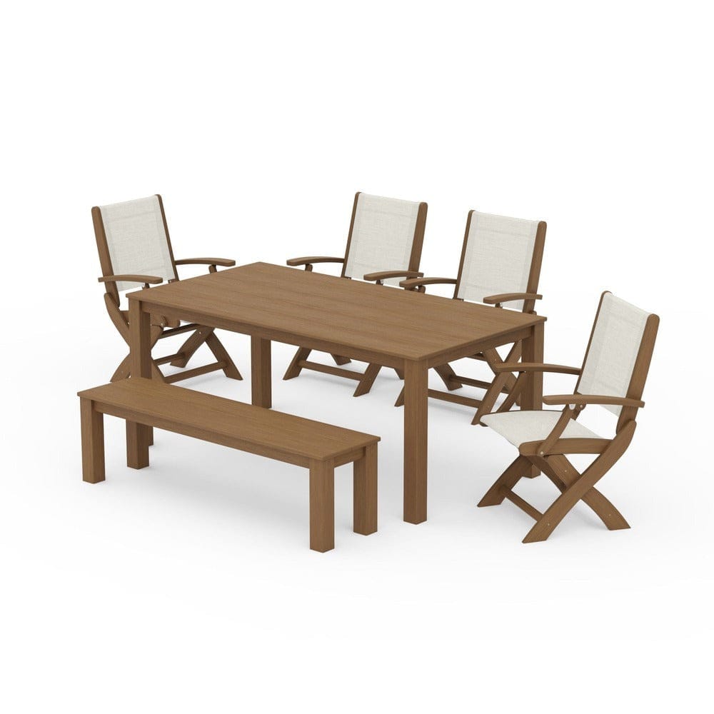 POLYWOOD® Outdoor Furniture Natural / Parchment Sling POLYWOOD® - Coastal Folding Chair 6-Piece Parsons Dining Set with Bench - PWS2272