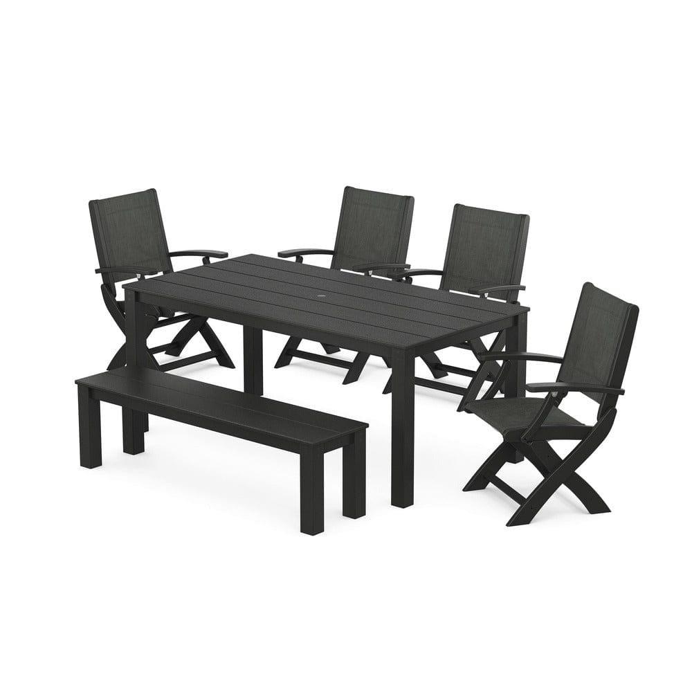 POLYWOOD® Outdoor Furniture Black / Ember Sling POLYWOOD® - Coastal Folding Chair 6-Piece Parsons Dining Set with Bench - PWS2272