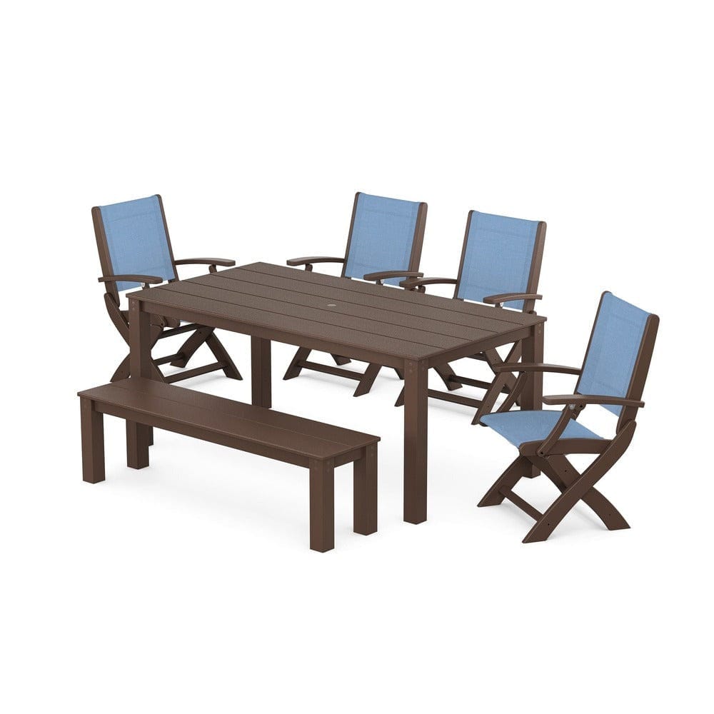 POLYWOOD® Outdoor Furniture Mahogany / Poolside Sling POLYWOOD® - Coastal Folding Chair 6-Piece Parsons Dining Set with Bench - PWS2272