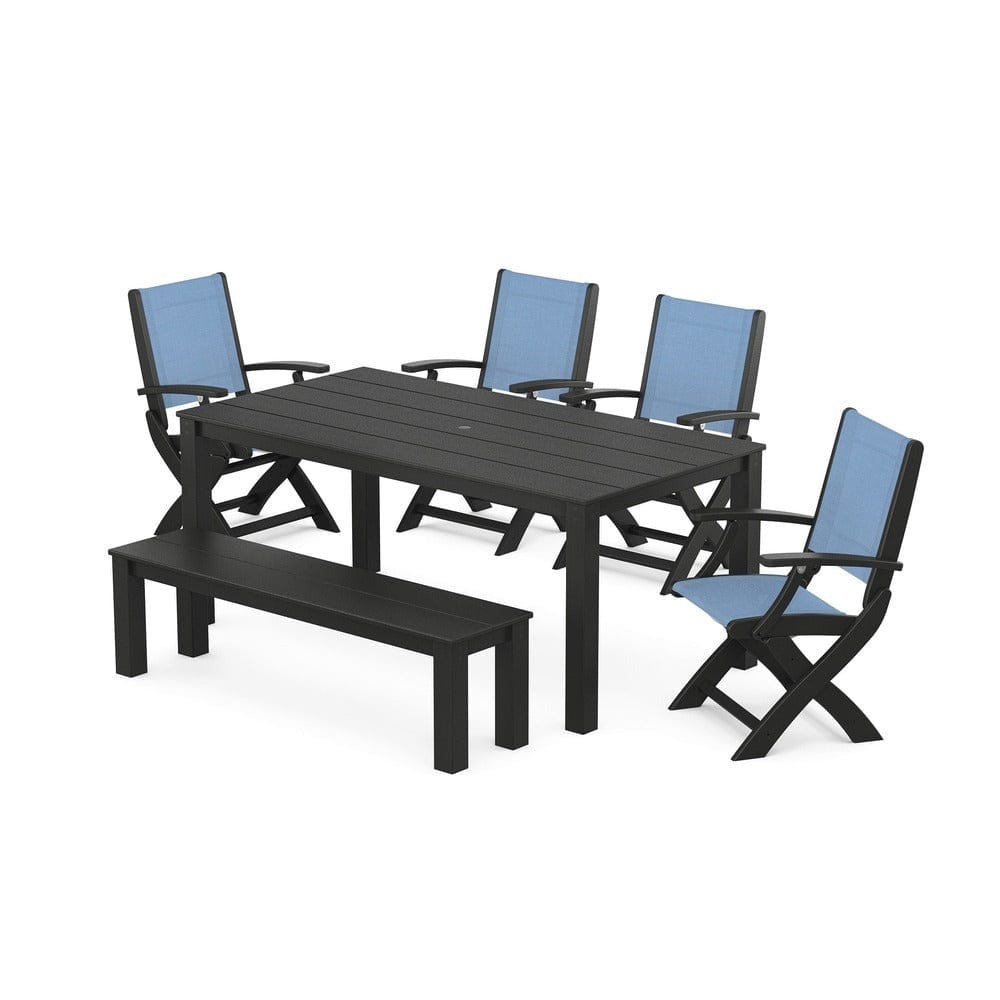 POLYWOOD® - Coastal Folding Chair 6-Piece Parsons Dining Set with Bench - PWS2272 Outdoor Furniture POLYWOOD®