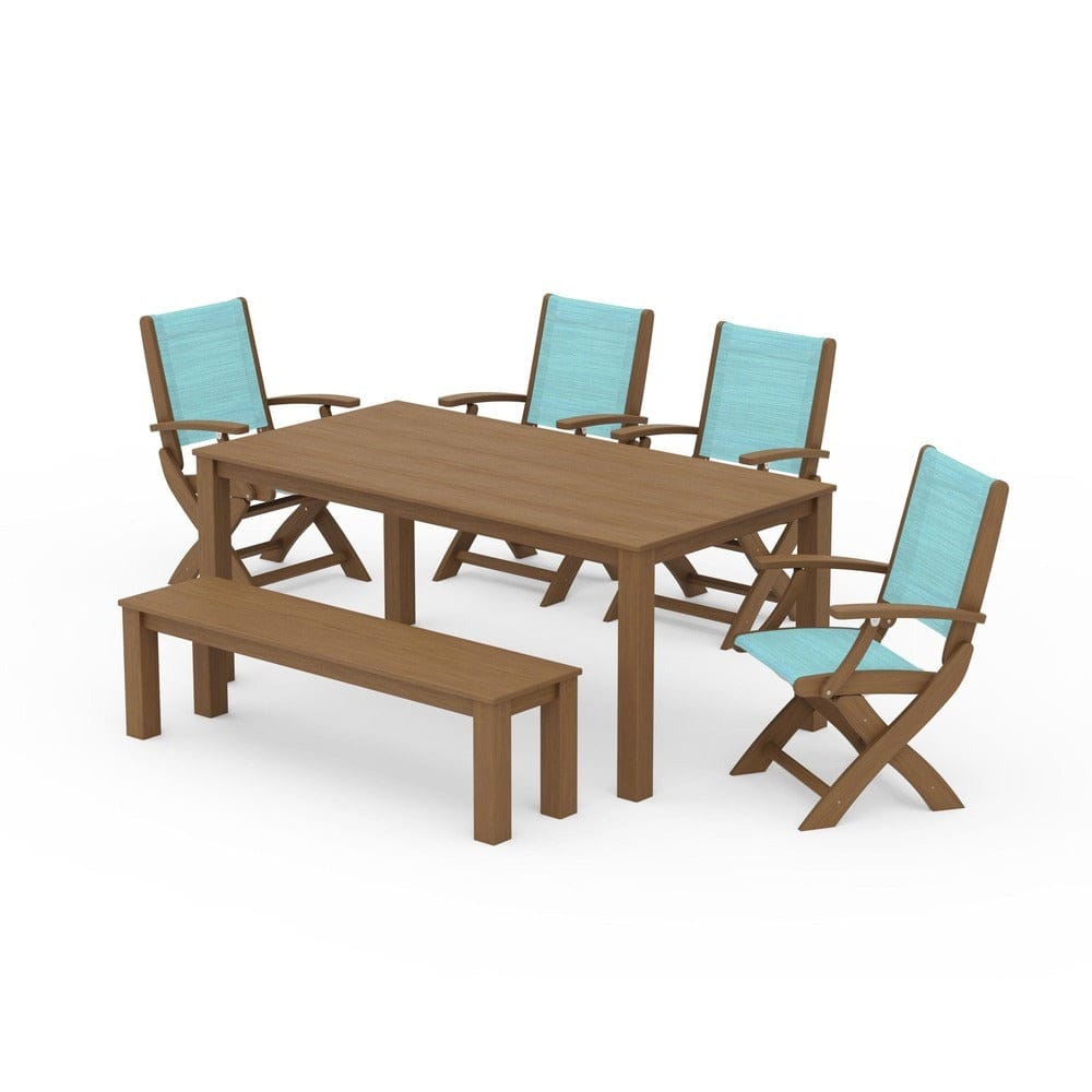 POLYWOOD® Outdoor Furniture Natural / Dupioni Aquamarine Sling POLYWOOD® - Coastal Folding Chair 6-Piece Parsons Dining Set with Bench - PWS2272