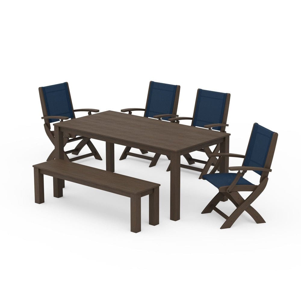 POLYWOOD® Outdoor Furniture POLYWOOD® - Coastal Folding Chair 6-Piece Parsons Dining Set with Bench - PWS2272
