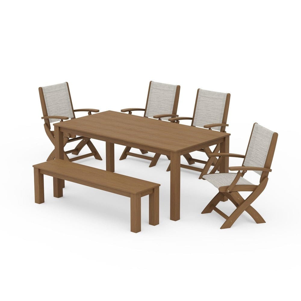 POLYWOOD® Outdoor Furniture Natural / Birch Sling POLYWOOD® - Coastal Folding Chair 6-Piece Parsons Dining Set with Bench - PWS2272