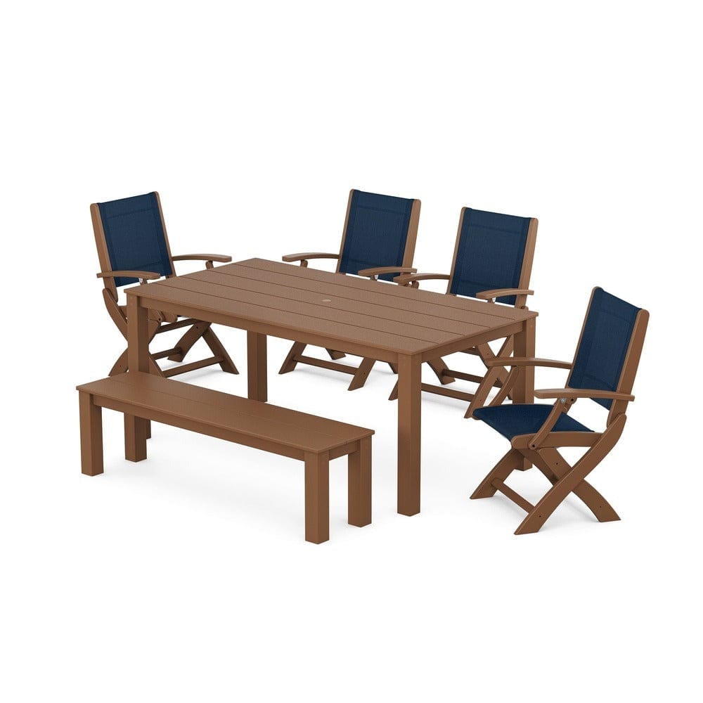POLYWOOD® - Coastal Folding Chair 6-Piece Parsons Dining Set with Bench - PWS2272 Outdoor Furniture POLYWOOD®