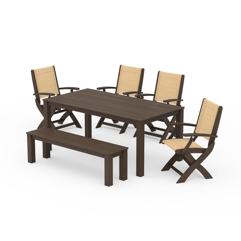 POLYWOOD® Outdoor Furniture POLYWOOD® - Coastal Folding Chair 6-Piece Parsons Dining Set with Bench - PWS2272