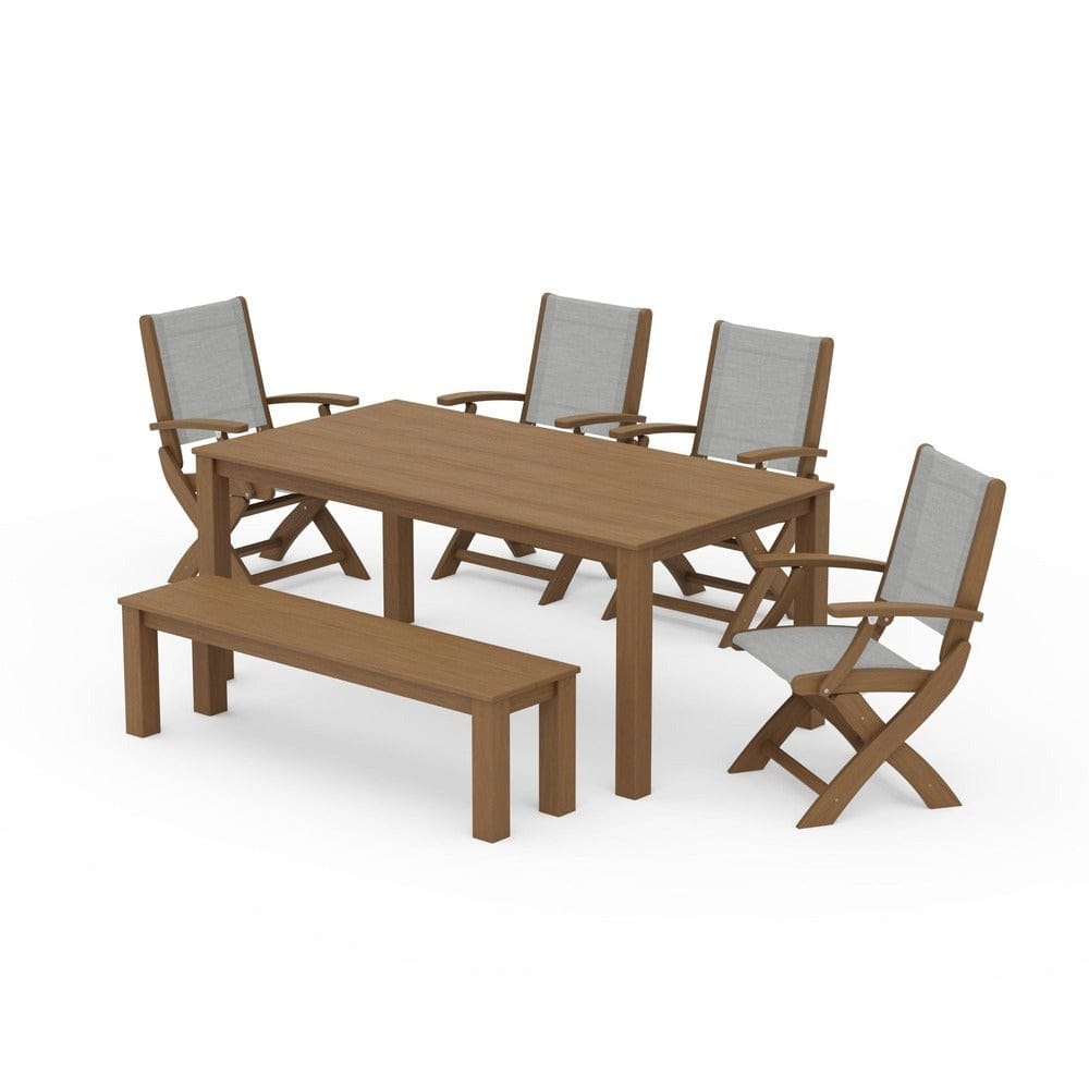POLYWOOD® Outdoor Furniture Natural / Metallic Sling POLYWOOD® - Coastal Folding Chair 6-Piece Parsons Dining Set with Bench - PWS2272