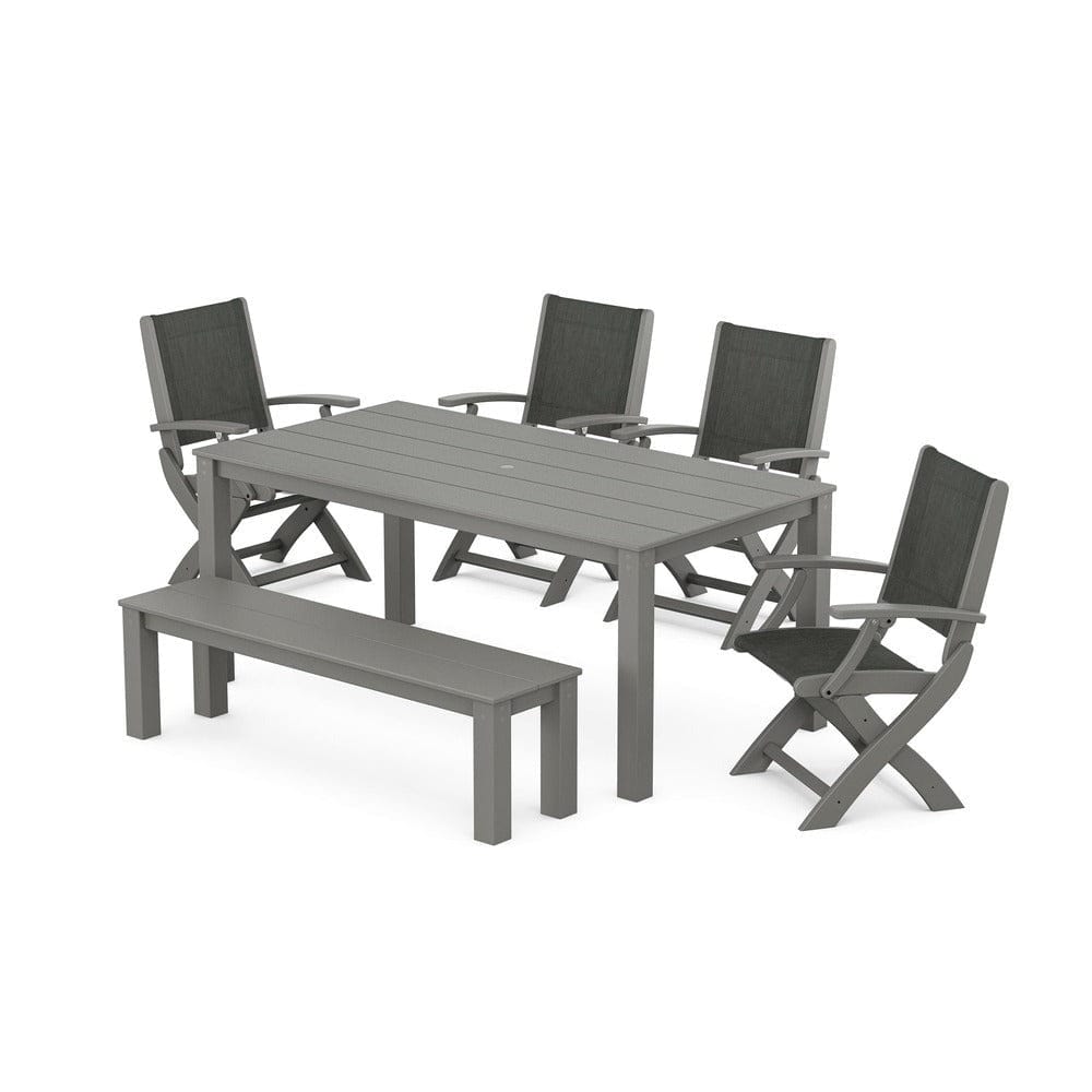POLYWOOD® - Coastal Folding Chair 6-Piece Parsons Dining Set with Bench - PWS2272 Outdoor Furniture POLYWOOD®