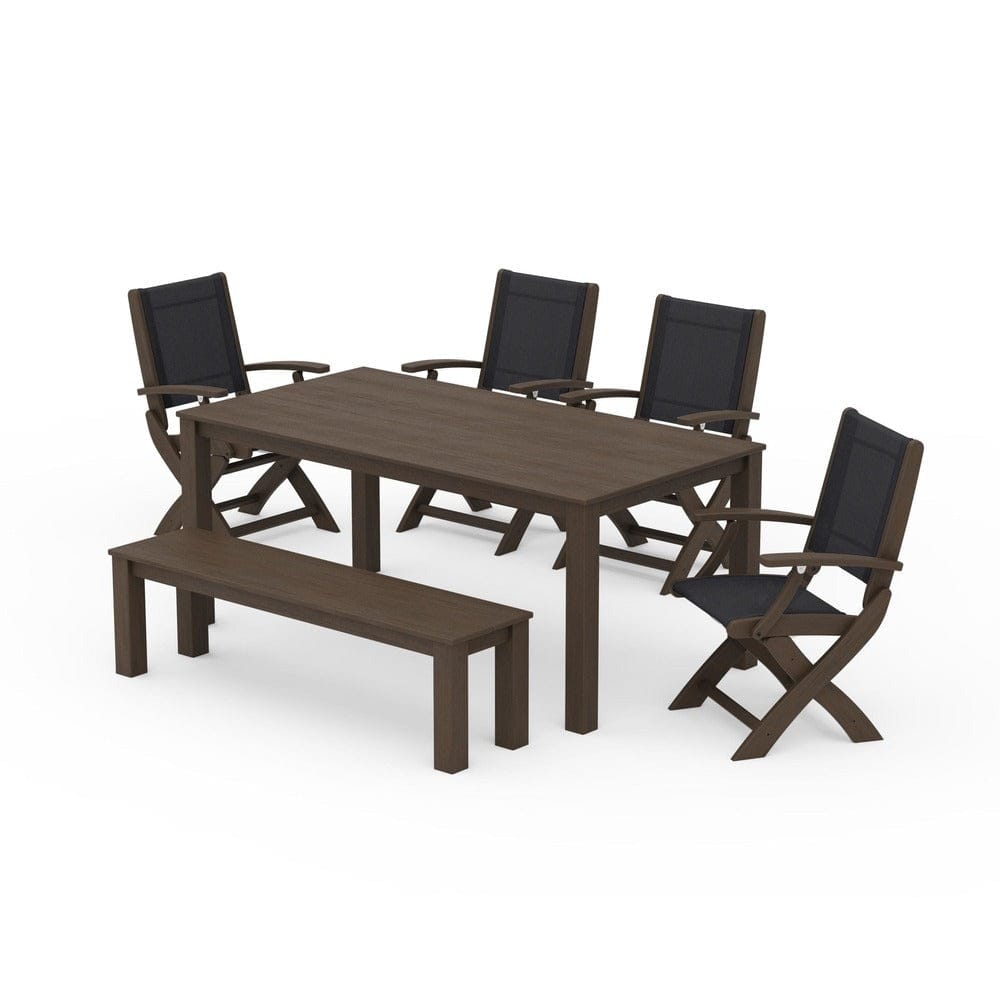 POLYWOOD® Outdoor Furniture POLYWOOD® - Coastal Folding Chair 6-Piece Parsons Dining Set with Bench - PWS2272