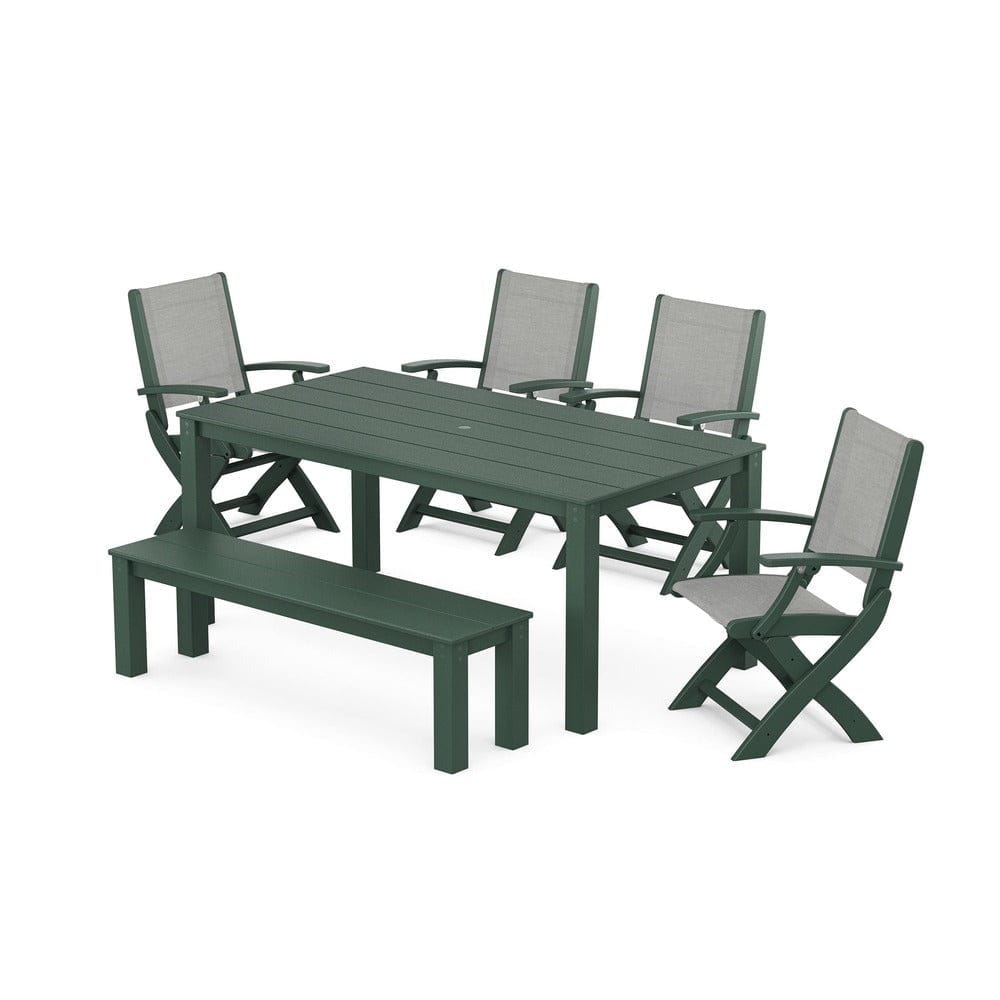 POLYWOOD® - Coastal Folding Chair 6-Piece Parsons Dining Set with Bench - PWS2272 Outdoor Furniture POLYWOOD®