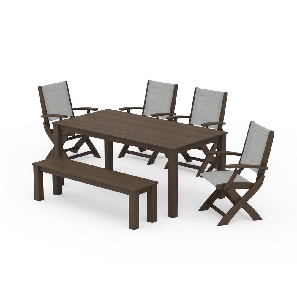 POLYWOOD® Outdoor Furniture POLYWOOD® - Coastal Folding Chair 6-Piece Parsons Dining Set with Bench - PWS2272