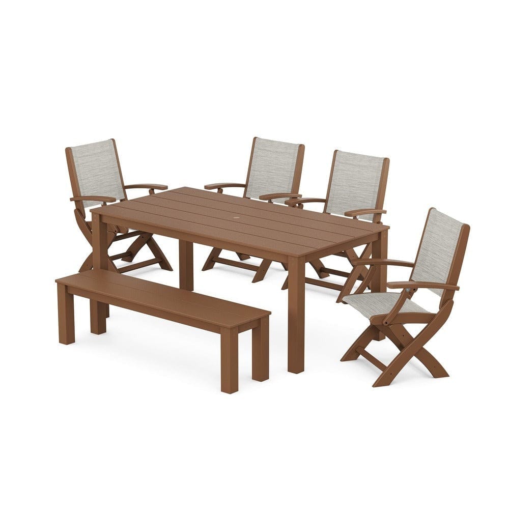 POLYWOOD® Outdoor Furniture Teak / Birch Sling POLYWOOD® - Coastal Folding Chair 6-Piece Parsons Dining Set with Bench - PWS2272