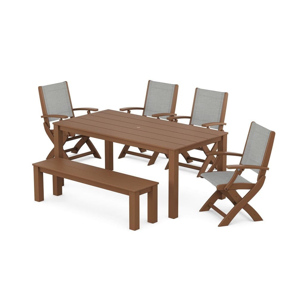 POLYWOOD® - Coastal Folding Chair 6-Piece Parsons Dining Set with Bench - PWS2272 Outdoor Furniture POLYWOOD®