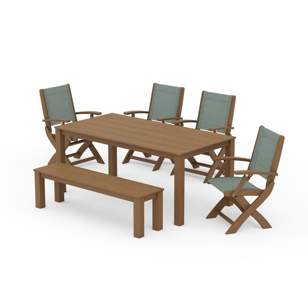 POLYWOOD® Outdoor Furniture Natural / Dupioni Sea Mist Sling POLYWOOD® - Coastal Folding Chair 6-Piece Parsons Dining Set with Bench - PWS2272