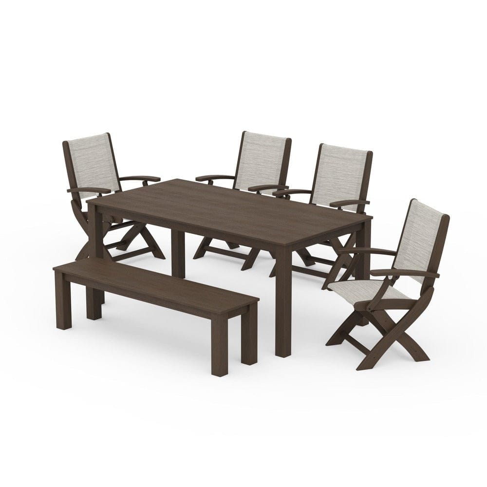 POLYWOOD® Outdoor Furniture POLYWOOD® - Coastal Folding Chair 6-Piece Parsons Dining Set with Bench - PWS2272