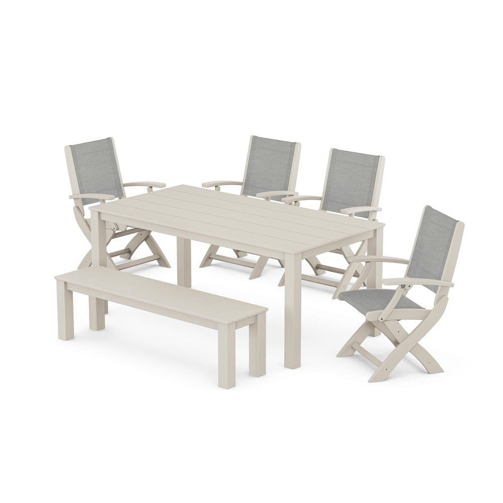 POLYWOOD® - Coastal Folding Chair 6-Piece Parsons Dining Set with Bench - PWS2272 Outdoor Furniture POLYWOOD®