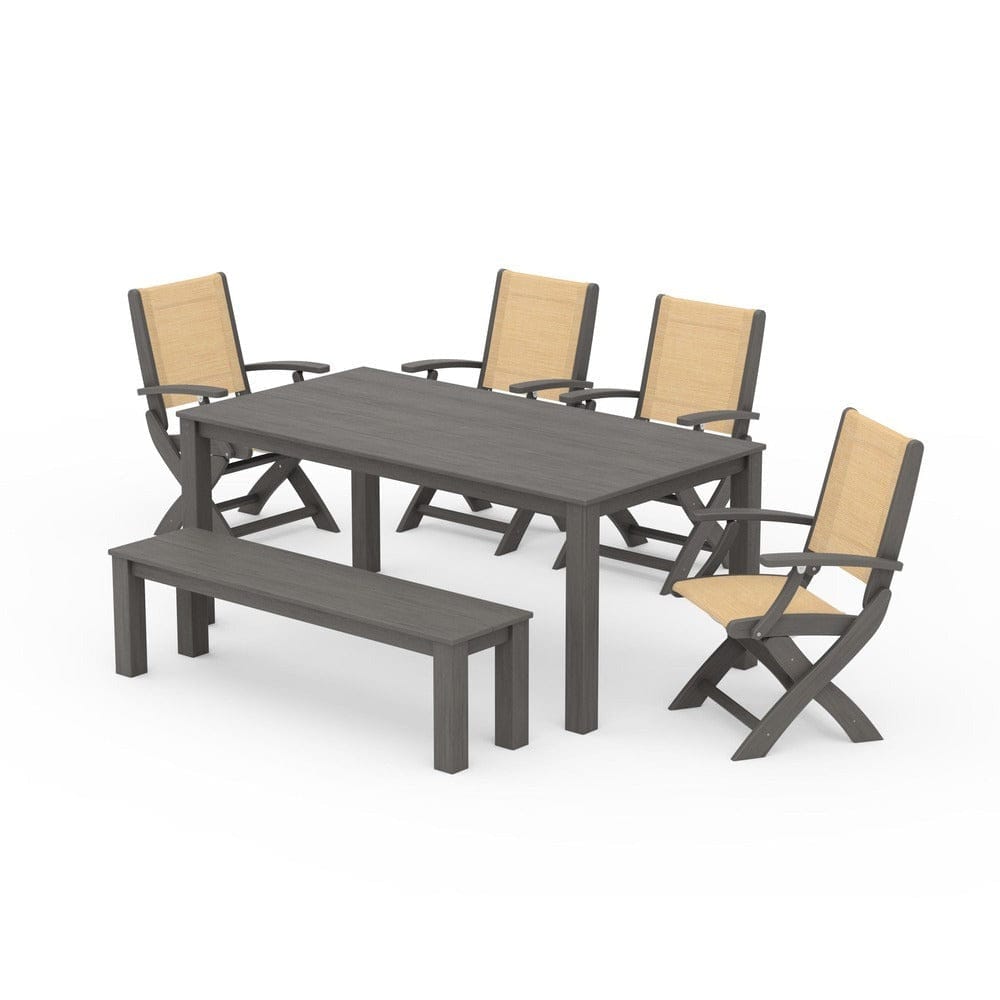 POLYWOOD® Outdoor Furniture POLYWOOD® - Coastal Folding Chair 6-Piece Parsons Dining Set with Bench - PWS2272