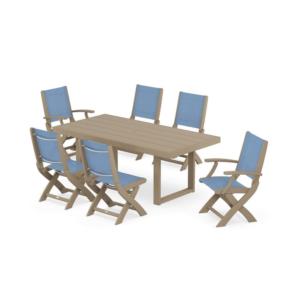 POLYWOOD® Outdoor Furniture Vintage Sahara / Poolside Sling POLYWOOD® - Coastal Folding Chair 7-Piece Dining Set with Trestle Legs - PWS871